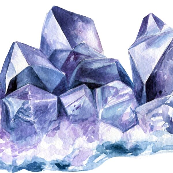 Amethyst crystals cluster watercolor illustration isolated eleme